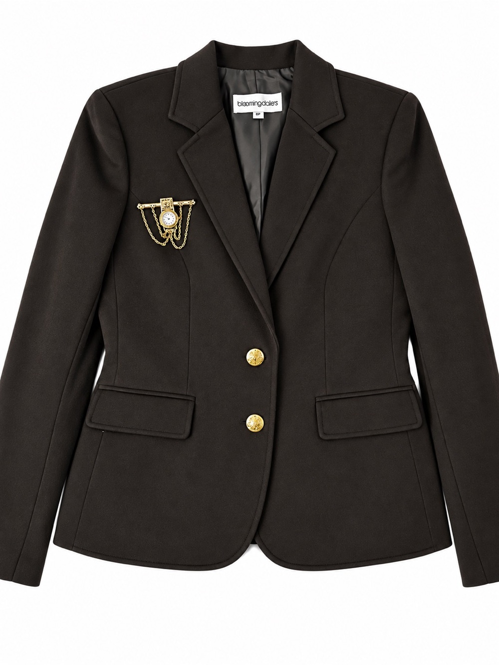 Bloomingdales Vintage 100% cashmere Brown blazer gold buttons & clock brooch